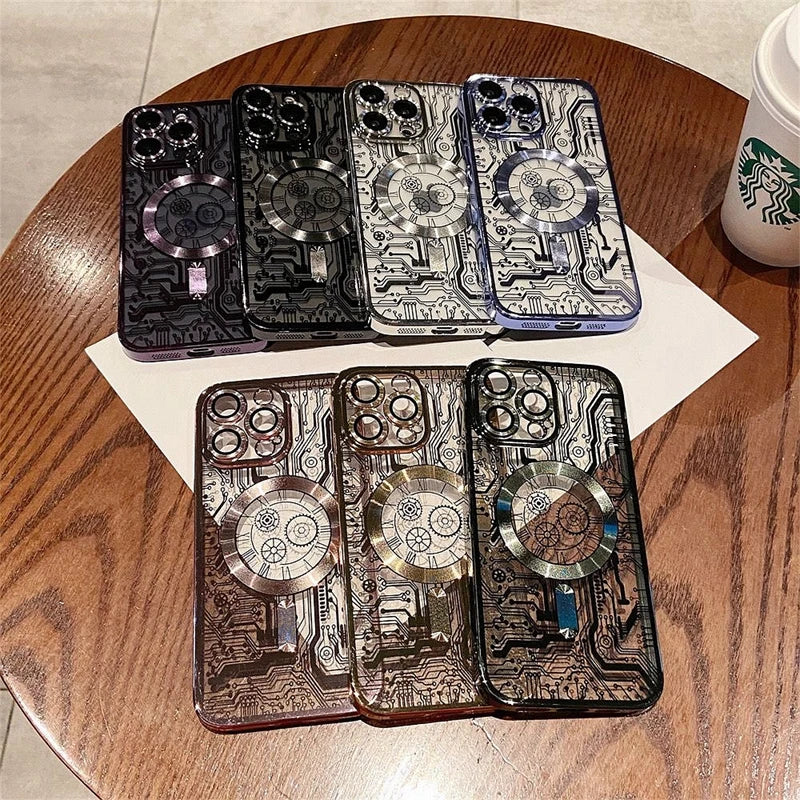 Luxury Magsafe Mechanical Gear Transparent Case For iPhone 16 Pro Max 15 14 13 12 11 Plus Soft Wireless Charging Magnetic Cover