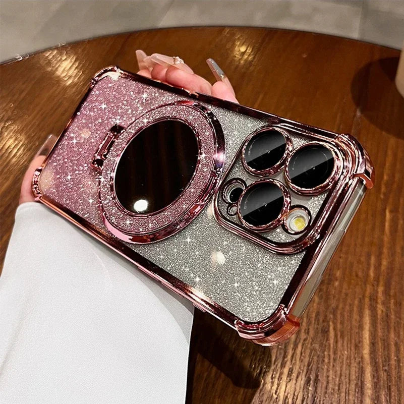 Luxury Magsafe Wireless Charging Glitter Phone Case For iPhone 16 11 12 13 14 15Pro Max Plus Plating Mirror Airbag Bracket Cover