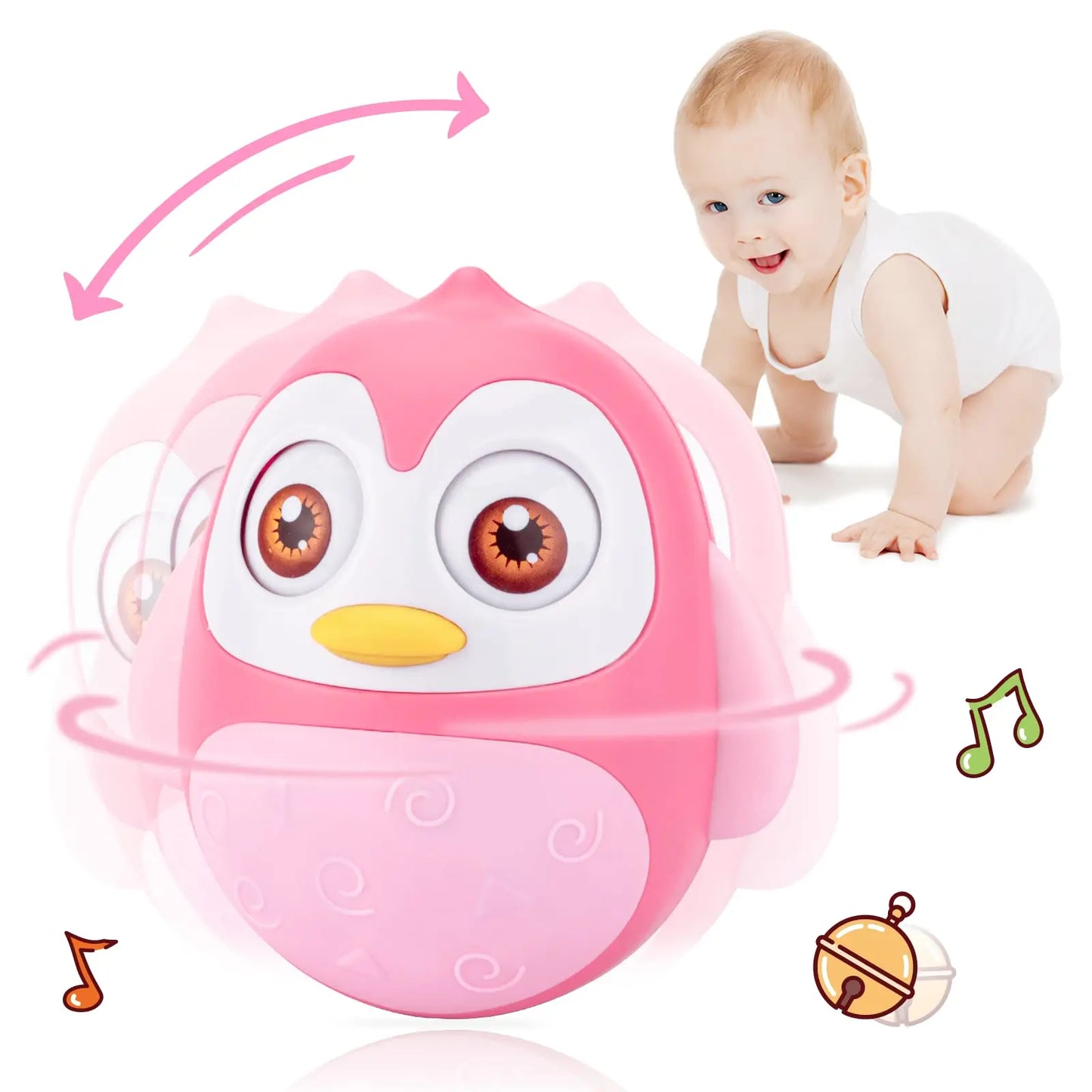 Baby Penguin Roly Poly Toys for 0-18M Infant Tummy Time Tumbler Wobbler Toy Bell Blink Eyes Newborn Rattles Silicone Teether