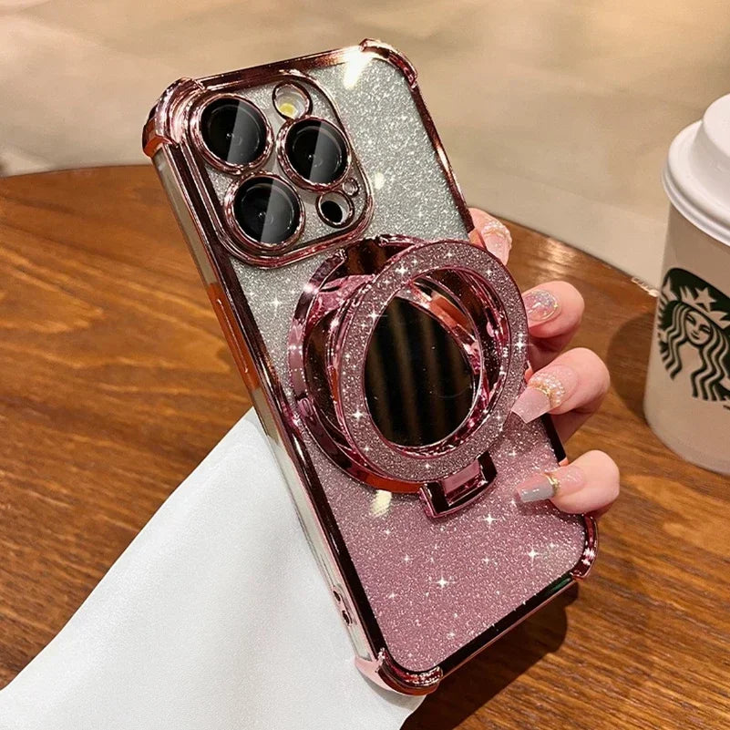 Luxury Magsafe Wireless Charging Glitter Phone Case For iPhone 16 11 12 13 14 15Pro Max Plus Plating Mirror Airbag Bracket Cover