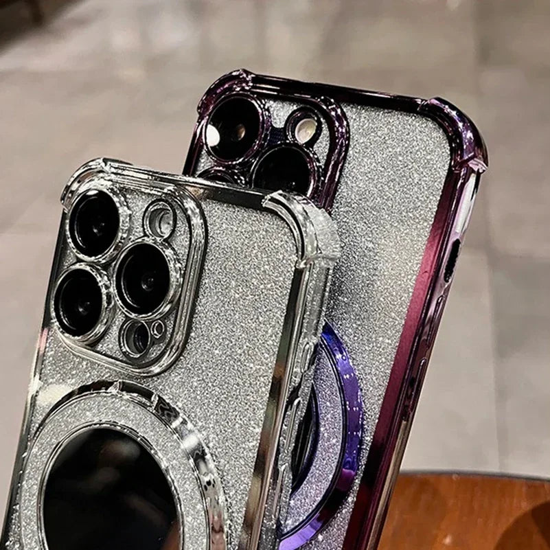 Luxury Magsafe Wireless Charging Glitter Phone Case For iPhone 16 11 12 13 14 15Pro Max Plus Plating Mirror Airbag Bracket Cover