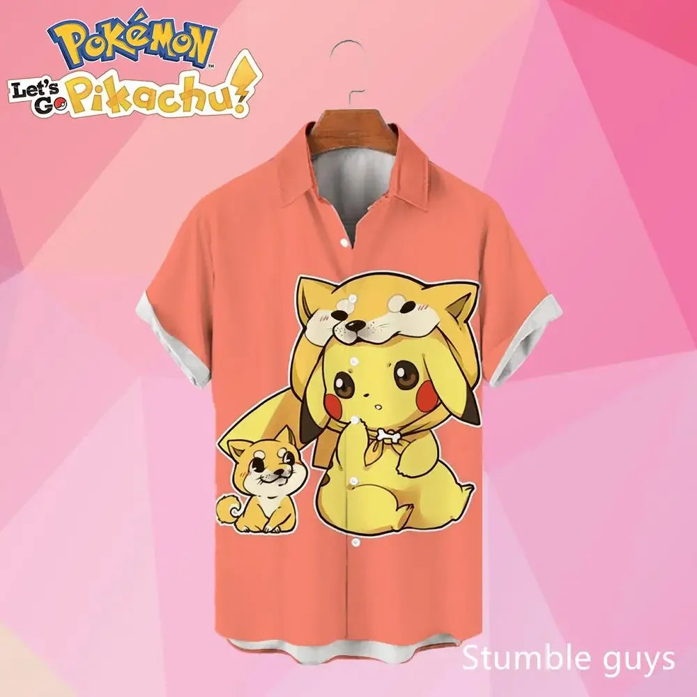 Pokemon Pikachu Hawaiian Men's Shirts 3D Printed Men's Summer Beach Oversize Anime Short-sleeved T-shirt