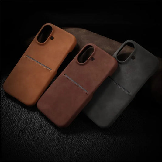 Luxury Card Slot Sheepskin Leather Case For iPhone 16 15 14 13 12 Pro Max Plus Business Wallet Pocket Frosted Shockproof Cover