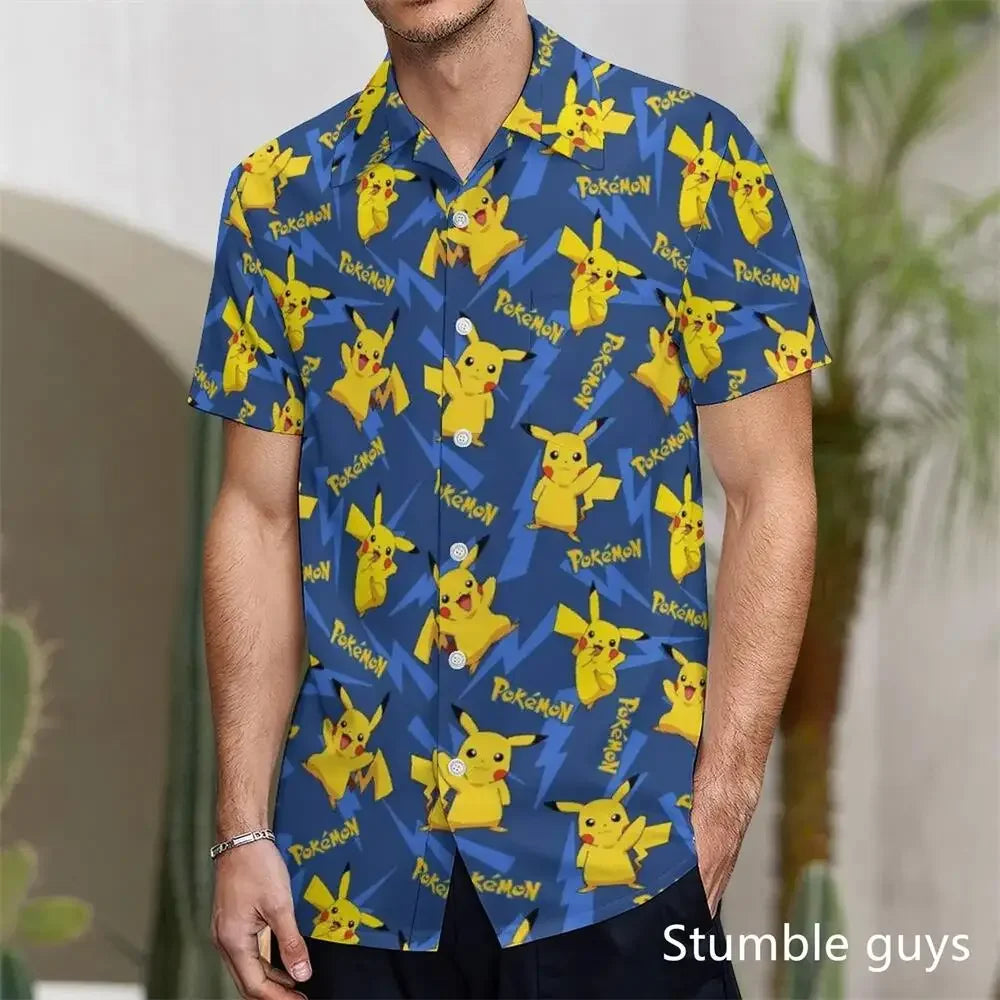 Pokemon Pikachu Hawaiian Men's Shirts 3D Printed Men's Summer Beach Oversize Anime Short-sleeved T-shirt