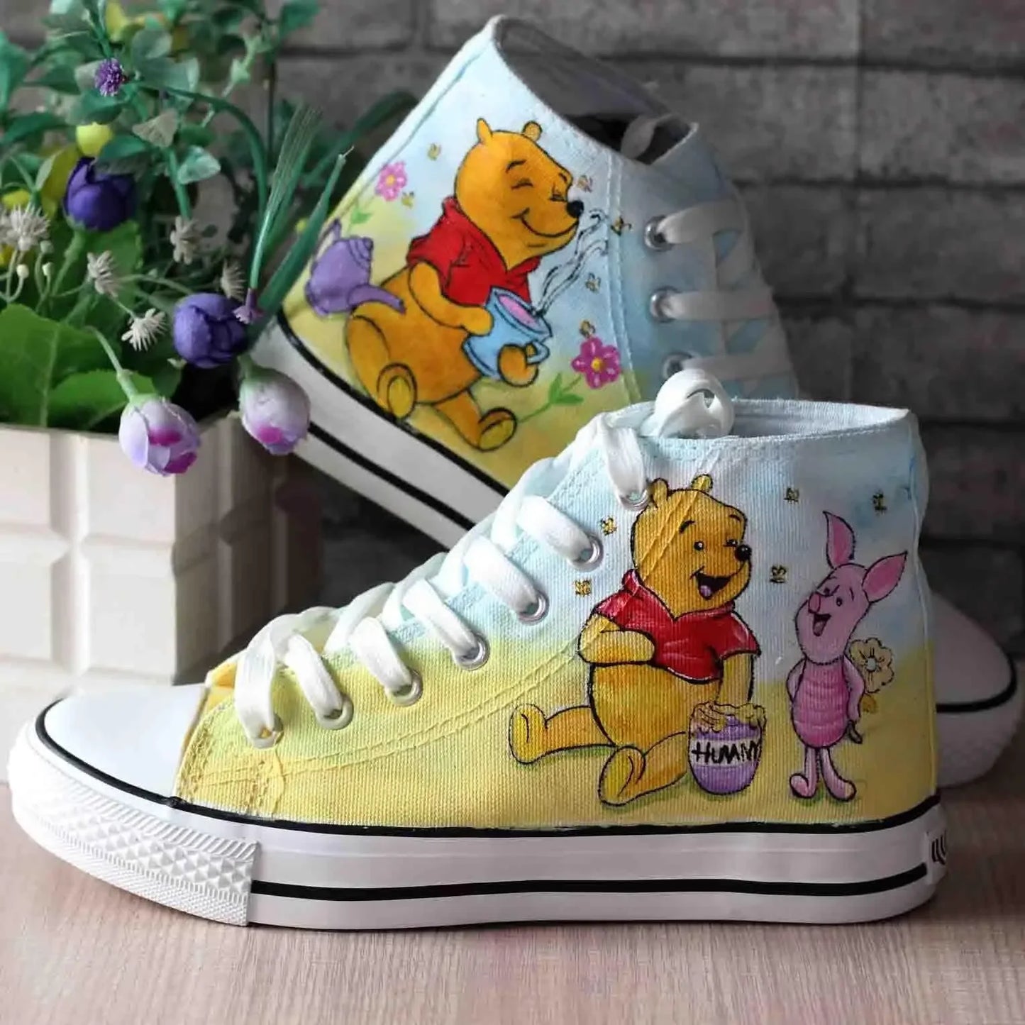 Real Pictures Good 2024 Casual Canvas Shoes Hand-painted Winnie The Pooh Bear Custom Shoes Large Size High-top Lace-up Shoes