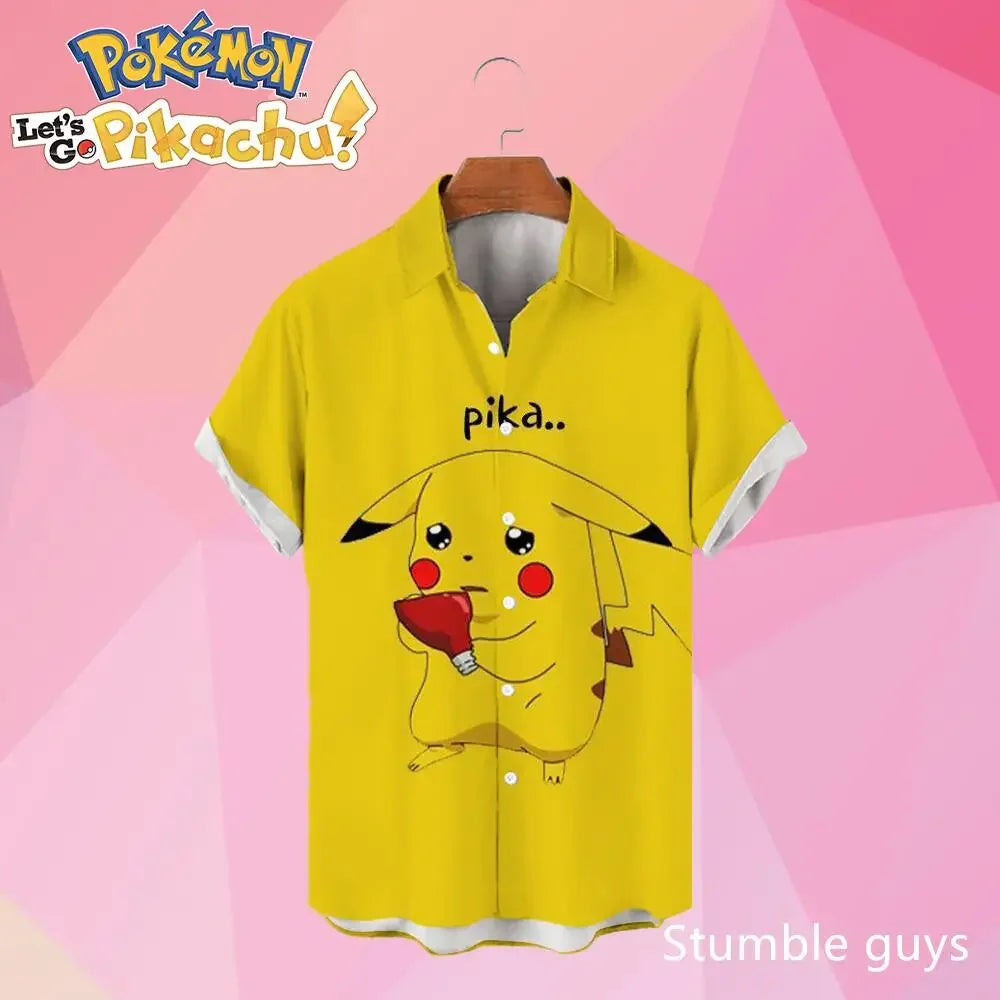 Pokemon Pikachu Hawaiian Men's Shirts 3D Printed Men's Summer Beach Oversize Anime Short-sleeved T-shirt