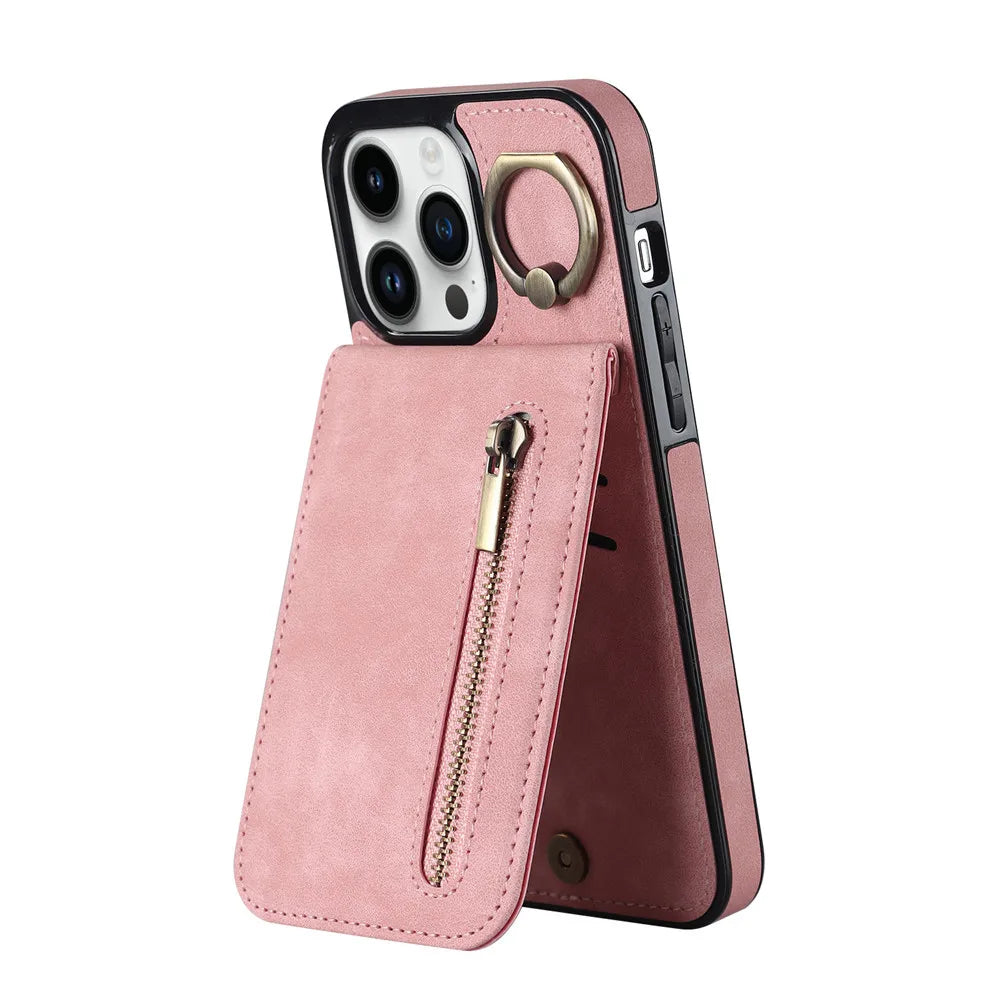 Zipper Cards Holder Leather Wallet Phone Case For iPhone 14 15 16 Pro Max 12 11 13 XS X XR 8 7 Plus Anti-drop Kickstand Cover