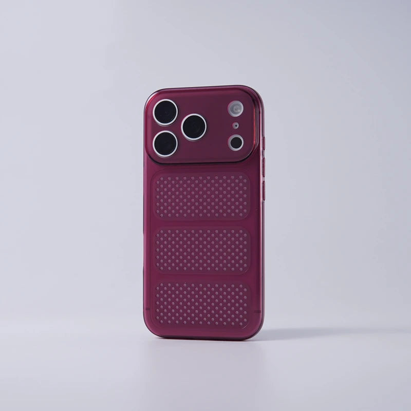 A dark magenta translucent phone case with a textured honeycomb pattern and a raised camera bezel, shown on a light gray background.