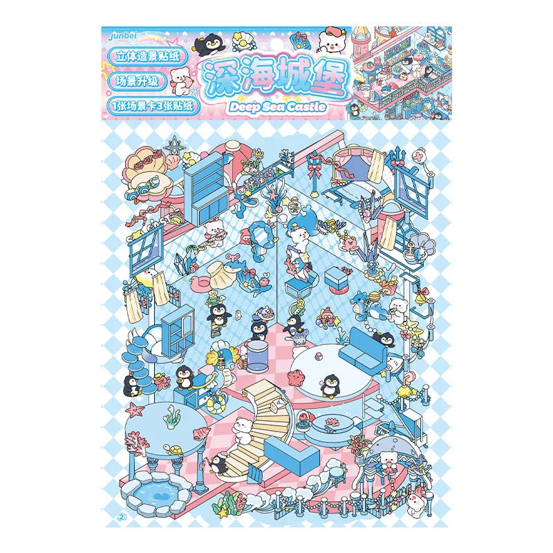 Plus Size 2.5D Cartoon Castle Town Landscape Sticker Scene DIY Toy Game Sticker Festival Birthday Gift for Kid Child Girl