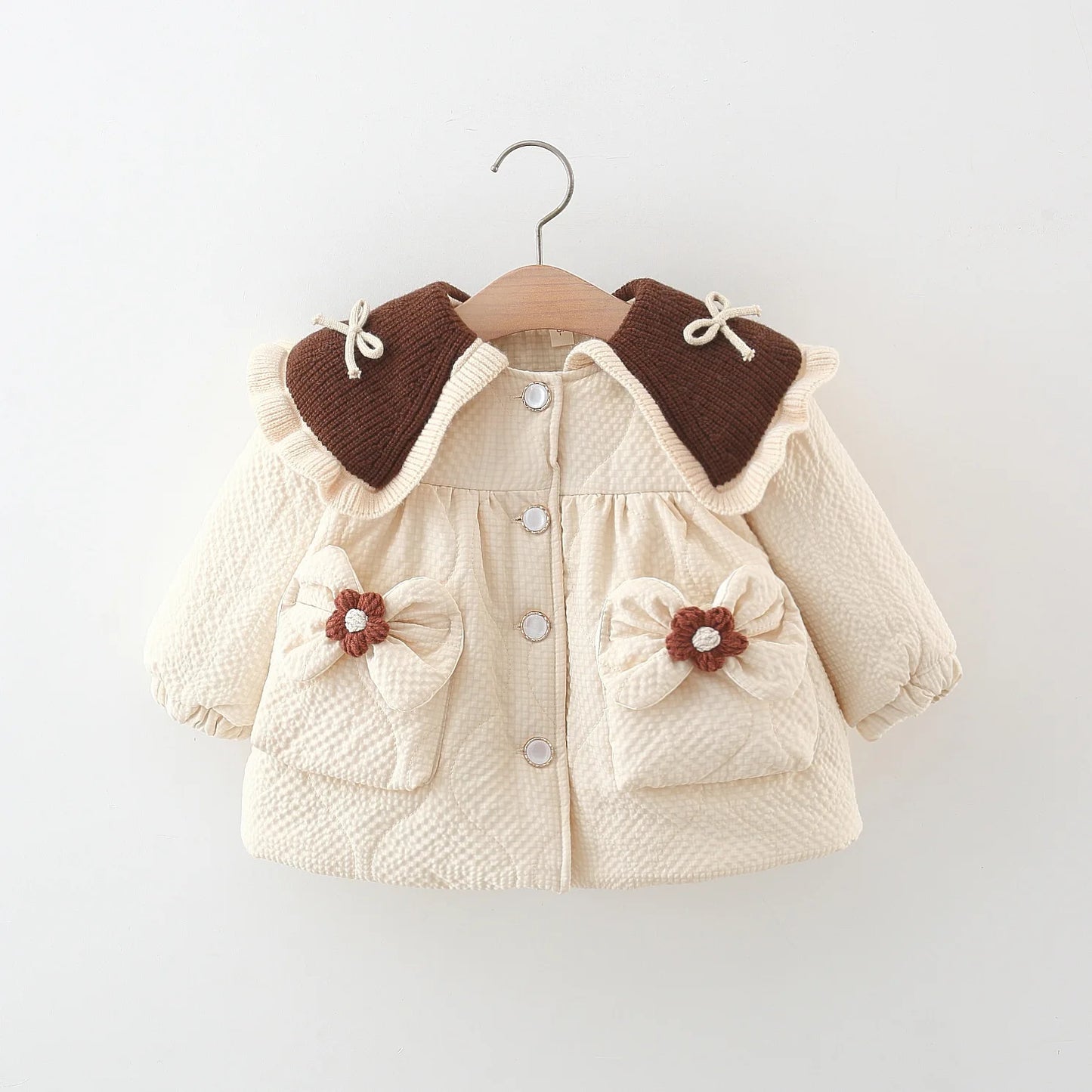Sweet Bow Baby Girl Long Sleeved Coat From 9 Months To 3 Years Old, Winter New Brown Flower Children'S Clothing