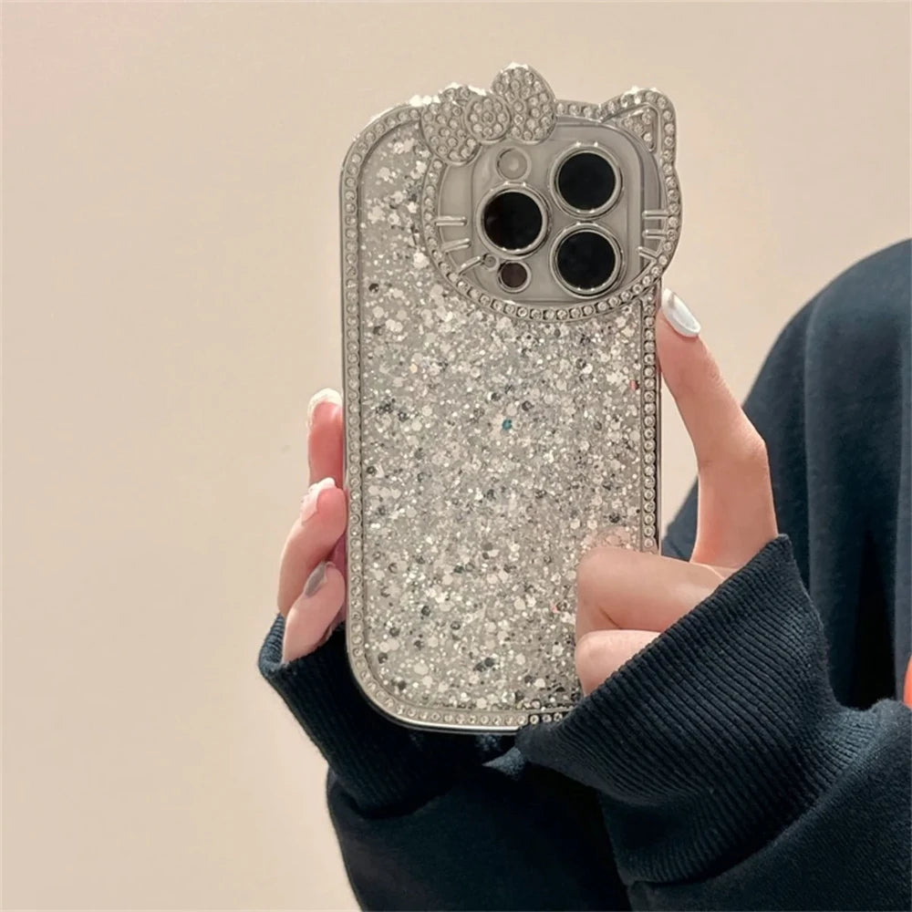Luxury Sequins 3D Cat Ears Glitter Phone Case for Iphone 16 14 13 12 11 Pro Max 15 Plus Bling Diamond Plating Shockproof Cover