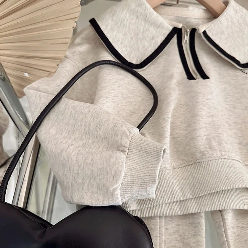 Humor Bear Girls' Spring and Autumn Korean Fashion Baby Doll Neck Long-sleeved Hoodie+Pants Two Piece Set Casual Outfit 3-7Y