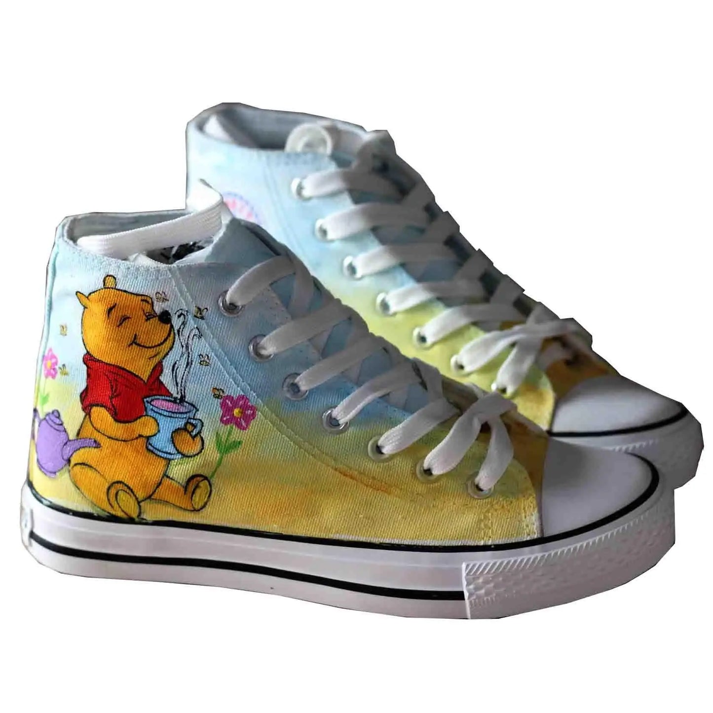 Real Pictures Good 2024 Casual Canvas Shoes Hand-painted Winnie The Pooh Bear Custom Shoes Large Size High-top Lace-up Shoes