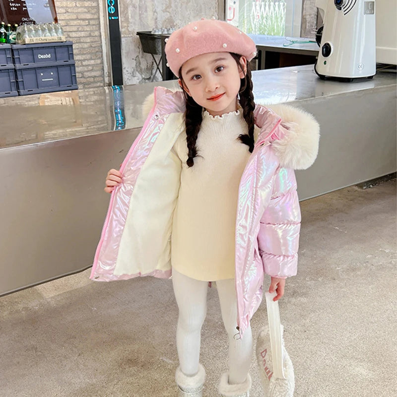 Cute Wings Winter Girls Jacket Keep Warm Princess Coat Fur Collar Hooded Zipper Windproof Girls Outerwear 2 3 4 5 6 8 10 Years
