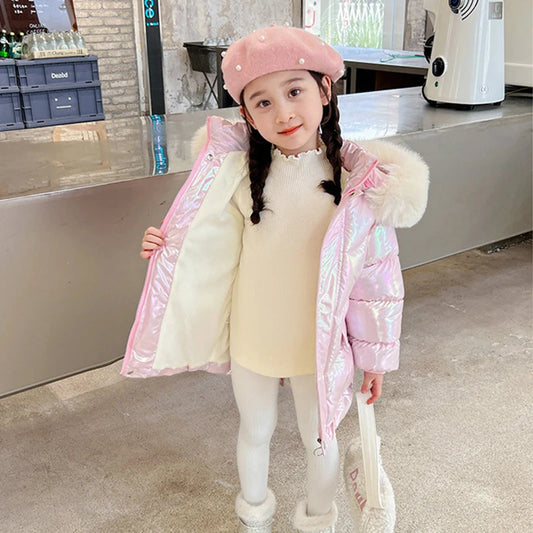 Cute Wings Winter Girls Jacket Keep Warm Princess Coat Fur Collar Hooded Zipper Windproof Girls Outerwear 2 3 4 5 6 8 10 Years