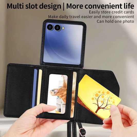 VIETAO Luxury Soft PU Leather Wallet Phone Case for Galaxy Z Flip 7/6/5/4/3 with Crossbody Strap - Durable Protective Cover