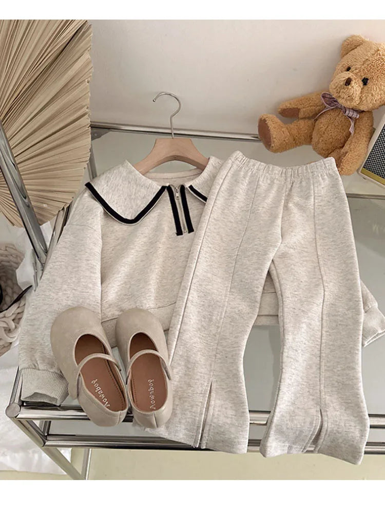 Humor Bear Girls' Spring and Autumn Korean Fashion Baby Doll Neck Long-sleeved Hoodie+Pants Two Piece Set Casual Outfit 3-7Y