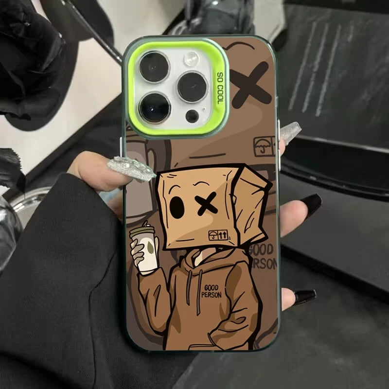 Cartoon Box Man Pattern Plating Phone Case for iPhone 16 15 14 13 12 11 Pro Max 16E XS X XR 7 8 Plus SE2 Shockproof Matte Cover
