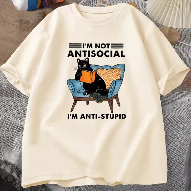 funny cat reading book T-Shirts Graphic Tees Cotton Mens Clothing O Neck Meme Short Sleeve Tees Harajuku Fashion Womens Oversize