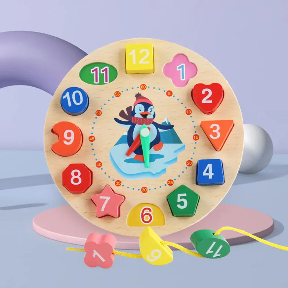 Montessori Children Clock Puzzle Cartoon Animals Tangram Cognitive Numbers Clock Early Learning Threading Assembly Toys