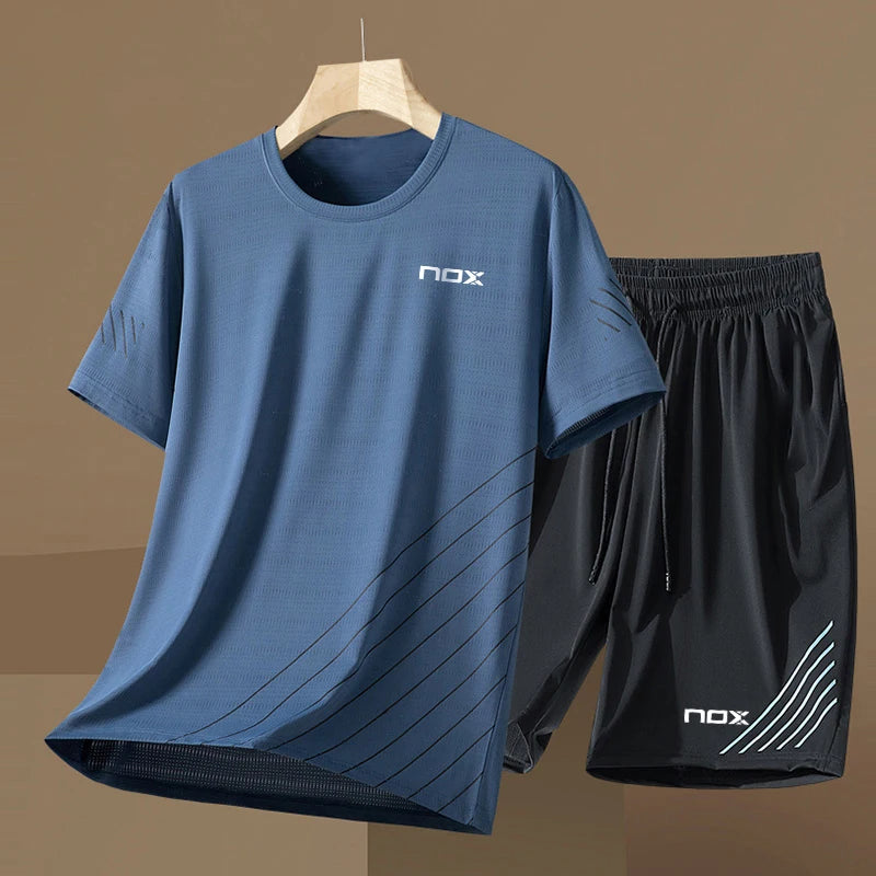 Men Short Sleeve T-Shirt +Shorts Two Piece Suit Outdoor Tennis Sportswear Fashion Breathable Fitness Clothing Summer Run Outfit