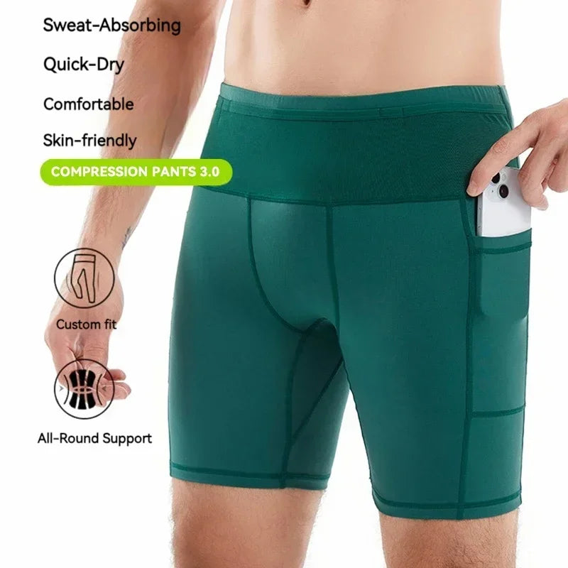 (Mul-Pockets Compression Shorts 3.0)Men Marathon Running Shorts Quick Dry Exercise Training Jogging Cycling Fitness Tight Shorts