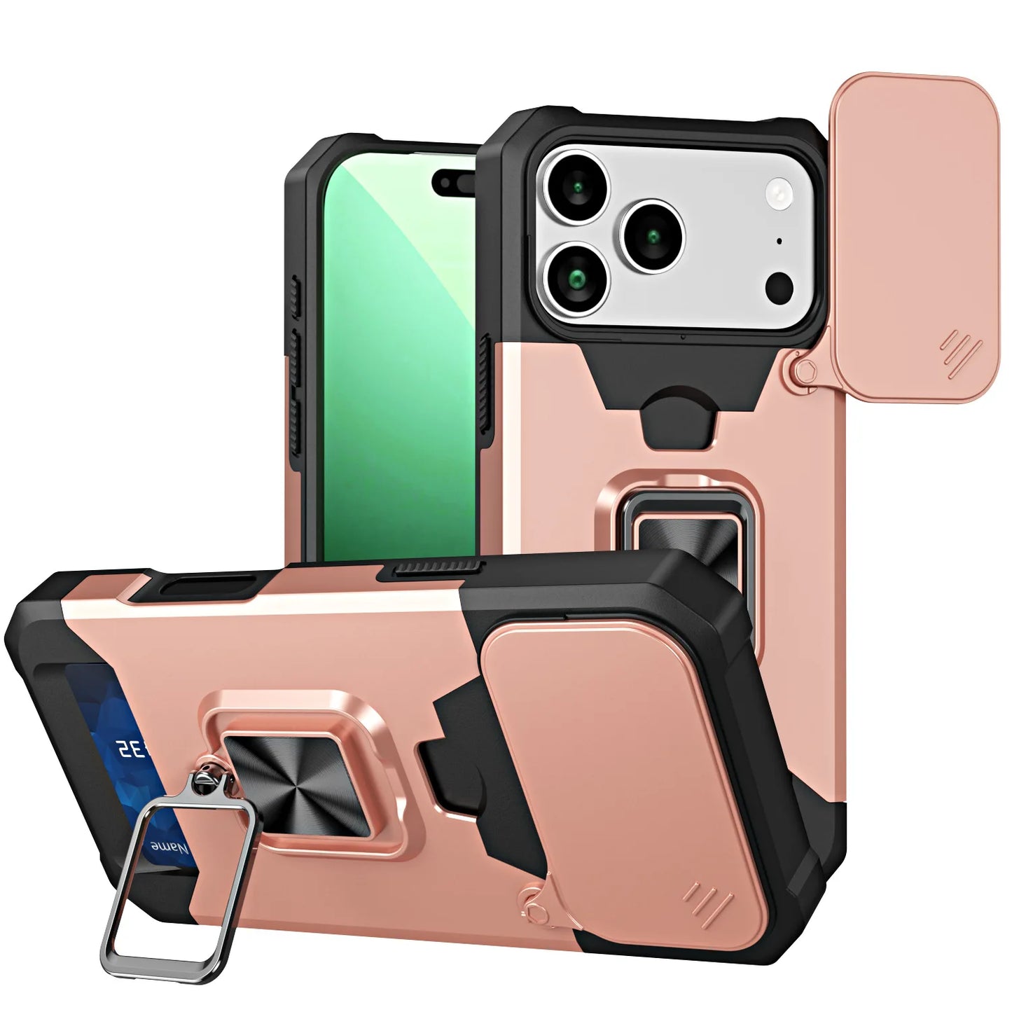 Case For iPhone 17 16 15 14 13 12 11 Pro Max XS Plus Slide Camera Card Holder Slot Duty Wallet Protective With Ring Stand Cover