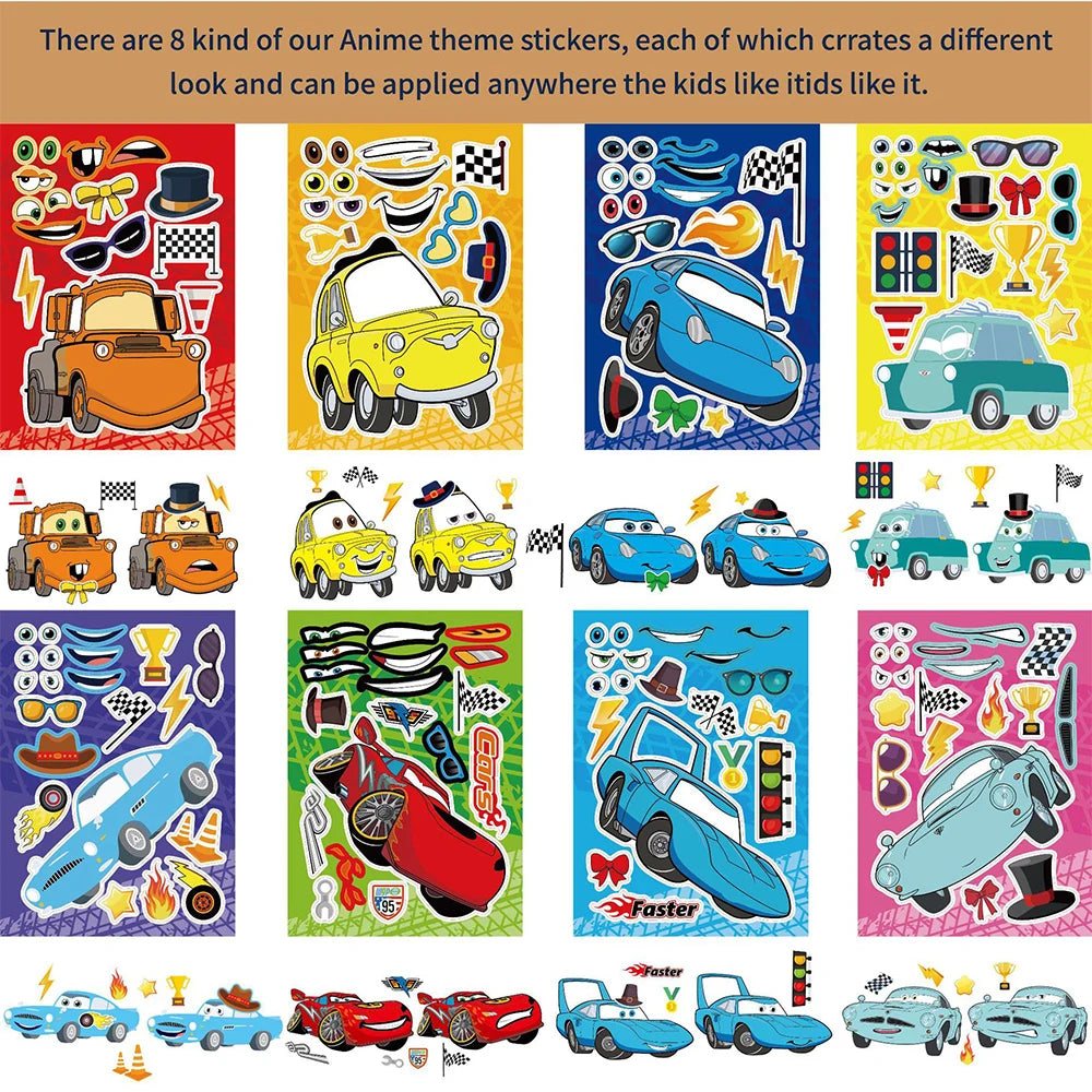 8/16Sheets DIY Race Car Make a Face Puzzle Stickers Boys Toy Create your own Cars Assemble Jigsaw Funny Party Game Children Gift