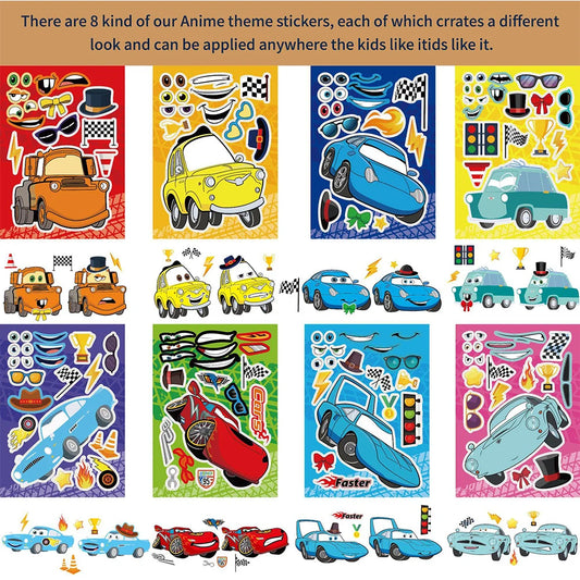 8/16Sheets DIY Race Car Make a Face Puzzle Stickers Boys Toy Create your own Cars Assemble Jigsaw Funny Party Game Children Gift