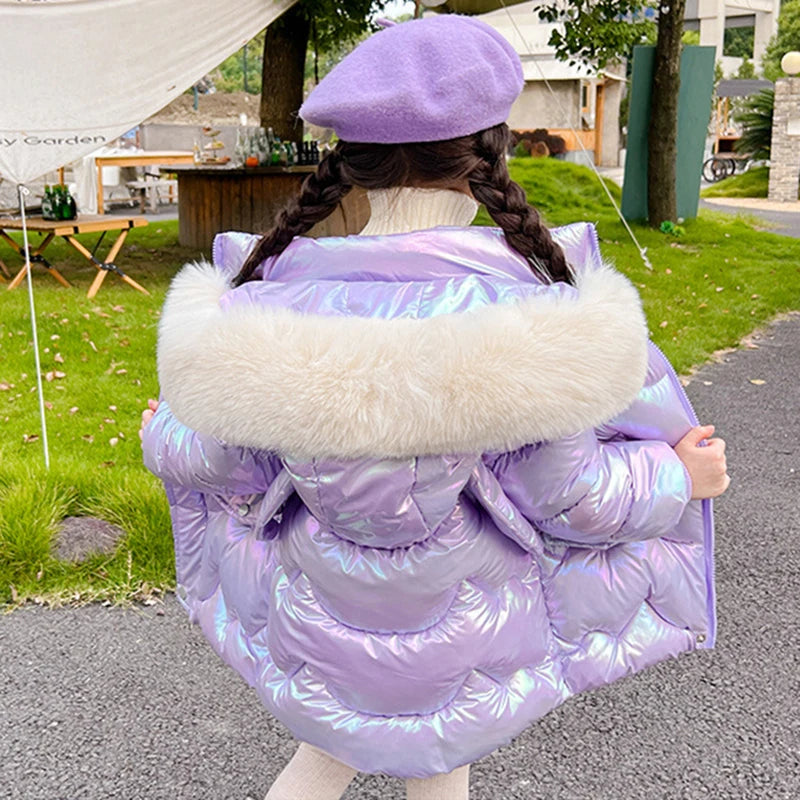 Cute Wings Winter Girls Jacket Keep Warm Princess Coat Fur Collar Hooded Zipper Windproof Girls Outerwear 2 3 4 5 6 8 10 Years