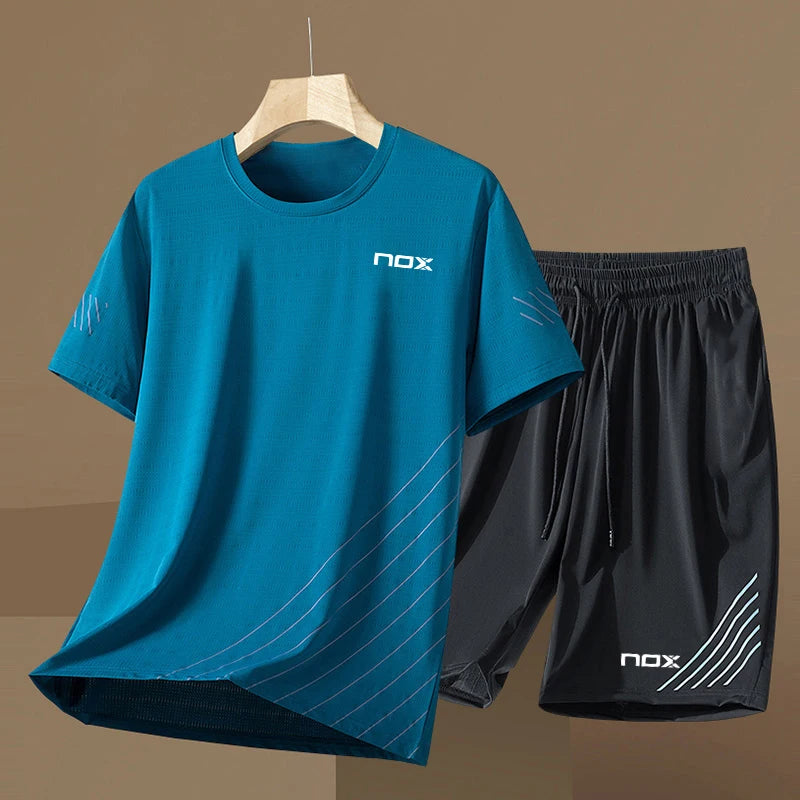 Men Short Sleeve T-Shirt +Shorts Two Piece Suit Outdoor Tennis Sportswear Fashion Breathable Fitness Clothing Summer Run Outfit