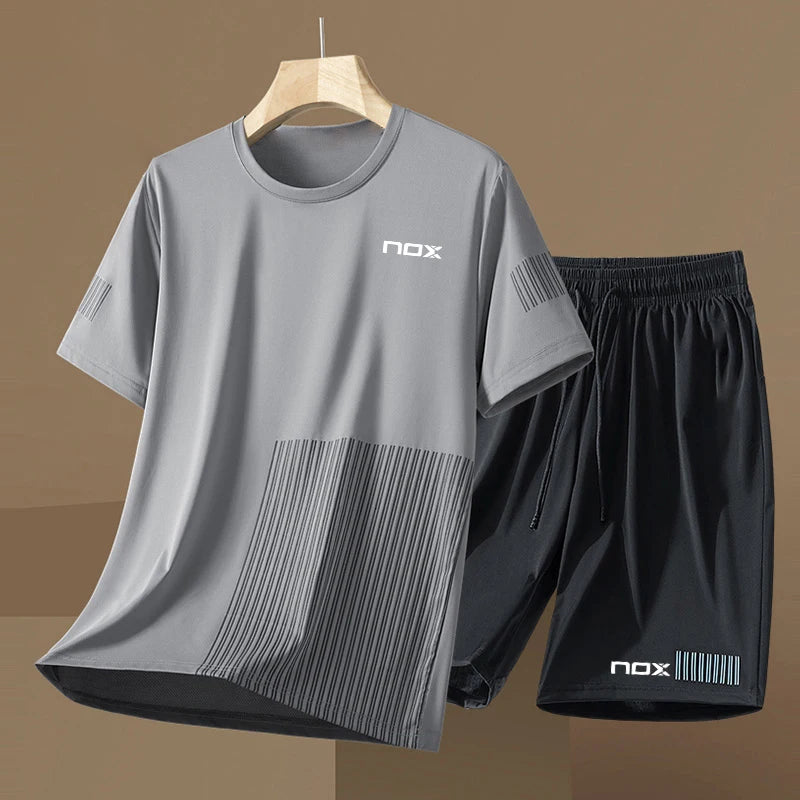 Men Short Sleeve T-Shirt +Shorts Two Piece Suit Outdoor Tennis Sportswear Fashion Breathable Fitness Clothing Summer Run Outfit