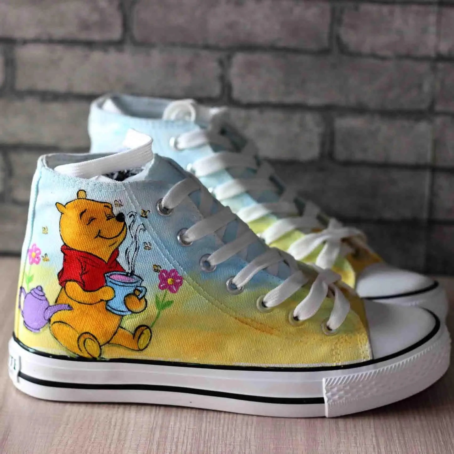 Real Pictures Good 2024 Casual Canvas Shoes Hand-painted Winnie The Pooh Bear Custom Shoes Large Size High-top Lace-up Shoes