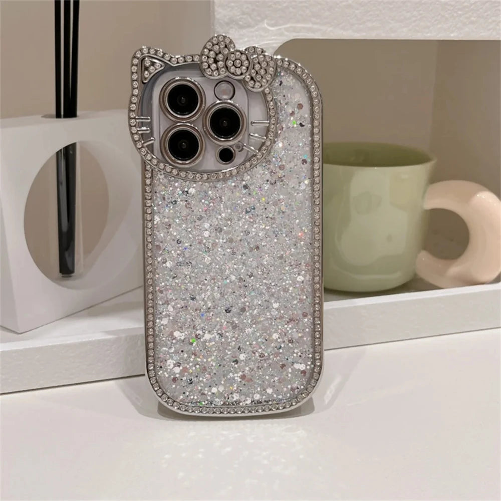Luxury Sequins 3D Cat Ears Glitter Phone Case for Iphone 16 14 13 12 11 Pro Max 15 Plus Bling Diamond Plating Shockproof Cover