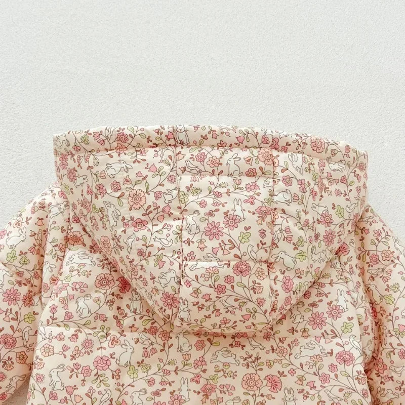 Baby Girls Cotton-padded Jacket Coat 2024 Winter New Plus Velvet Infant Bowtie Coats Kids Fashion Floral Warm Hooded Outerwears