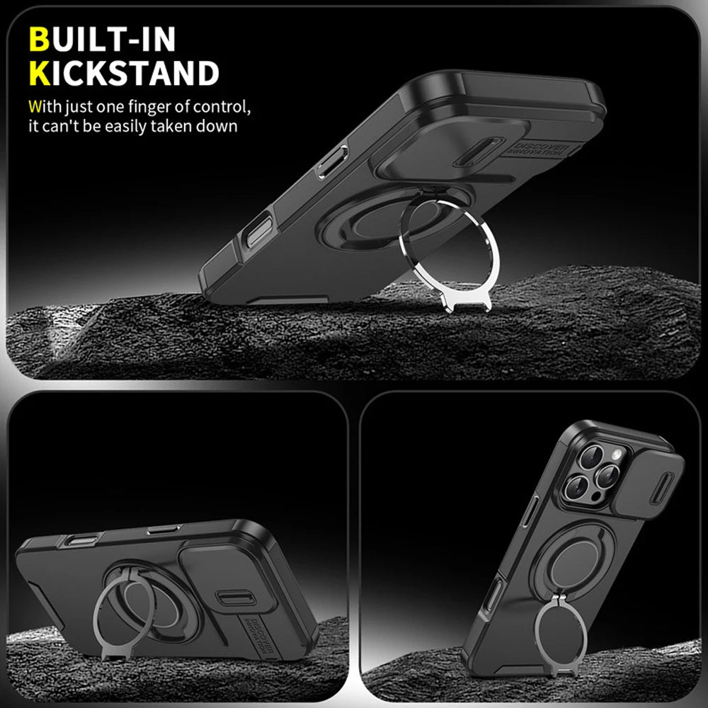 For Magsafe Magnetic Ring Holder Fold Bracket Phone Case For iPhone 17 Air 16 15 14 Plus 13 12 11 Pro Max 16E Slide Camera Cover