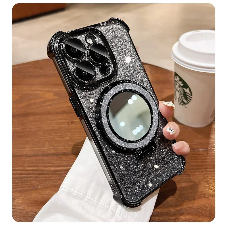 Luxury Magsafe Wireless Charging Glitter Phone Case For iPhone 16 11 12 13 14 15Pro Max Plus Plating Mirror Airbag Bracket Cover