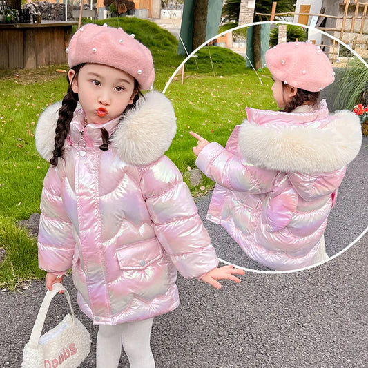 Cute Wings Winter Girls Jacket Keep Warm Princess Coat Fur Collar Hooded Zipper Windproof Girls Outerwear 2 3 4 5 6 8 10 Years