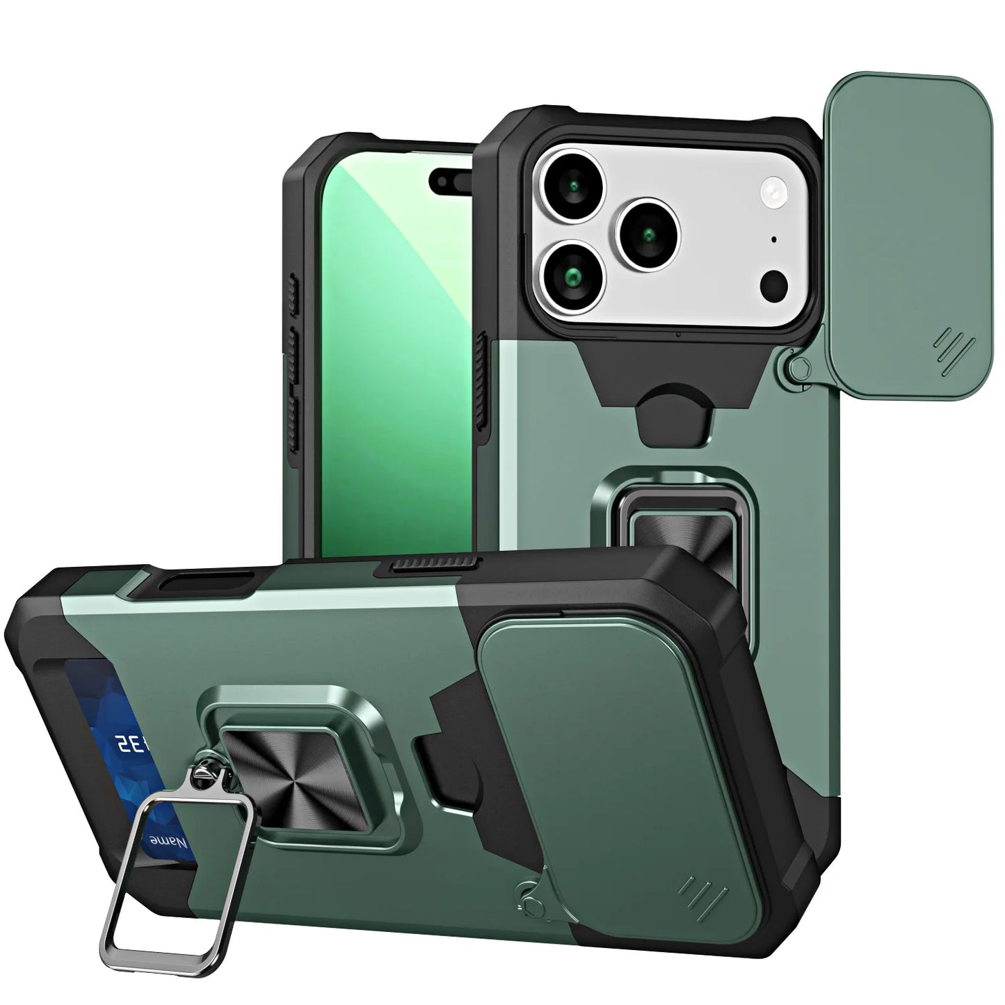 Case For iPhone 17 16 15 14 13 12 11 Pro Max XS Plus Slide Camera Card Holder Slot Duty Wallet Protective With Ring Stand Cover