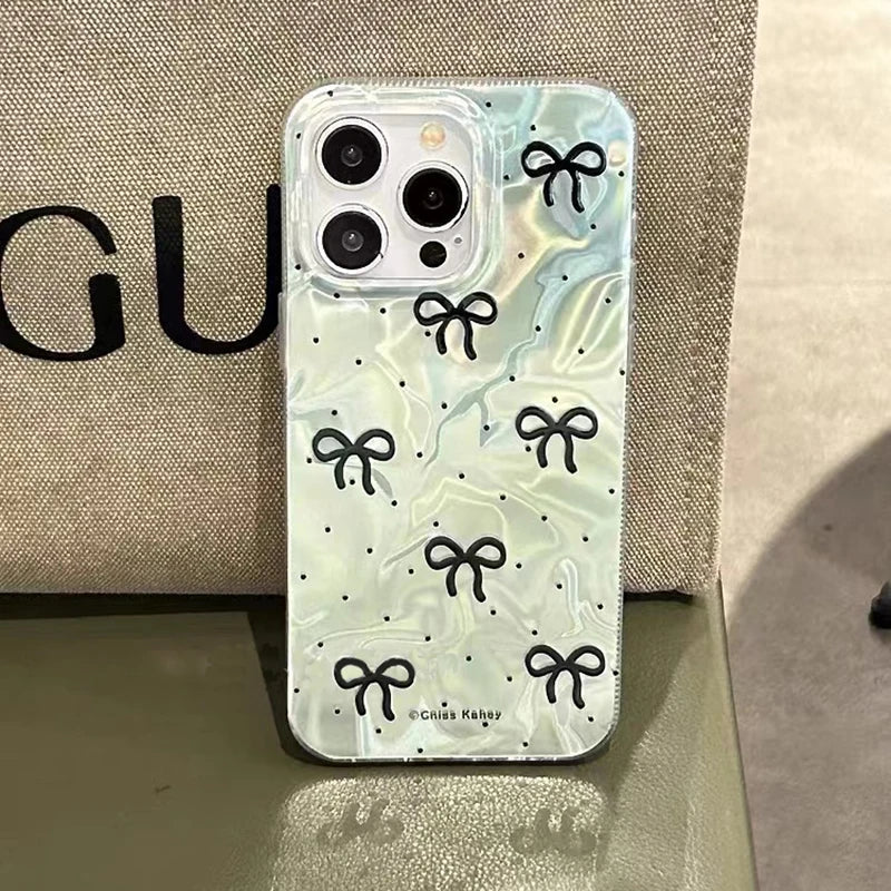 Bowknot Butterfly Pearl Polka Dot Case For iPhone 16 13 15 Pro 12 14 11 Pro Max 16E 7 8 Plus XS Max X XR SE 2020 Girl Cover