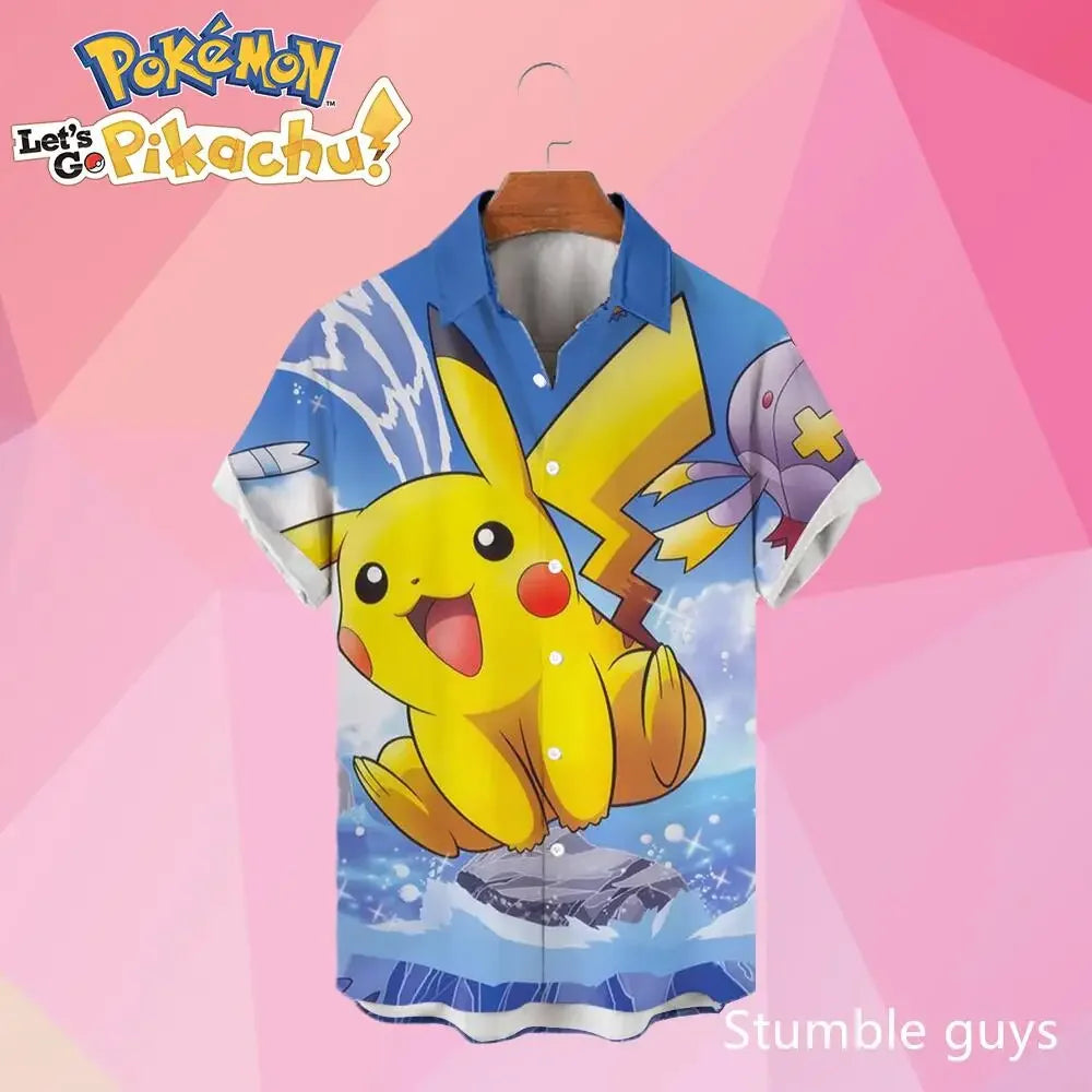 Pokemon Pikachu Hawaiian Men's Shirts 3D Printed Men's Summer Beach Oversize Anime Short-sleeved T-shirt