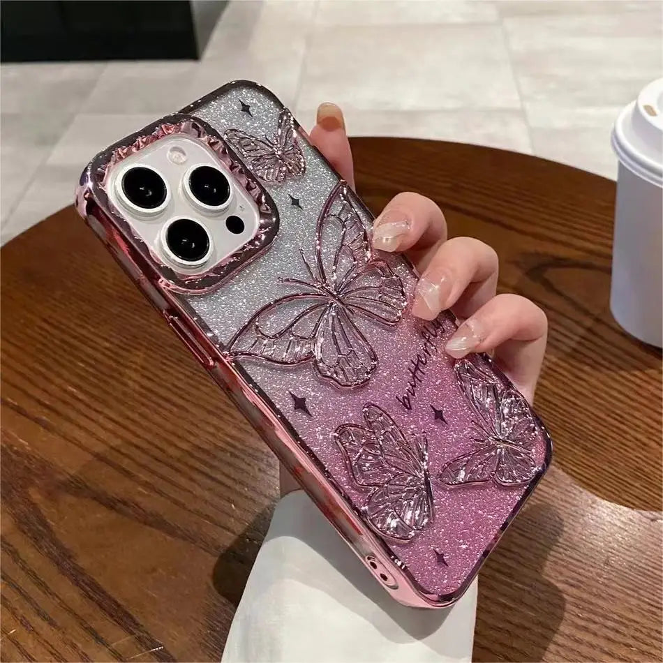 3D Bling Glitter Butterfly Quicksand Gradient Phone Case For iPhone 16 15 14 13 12 11 Pro Max 16 Plus Plating Shockproof Cover