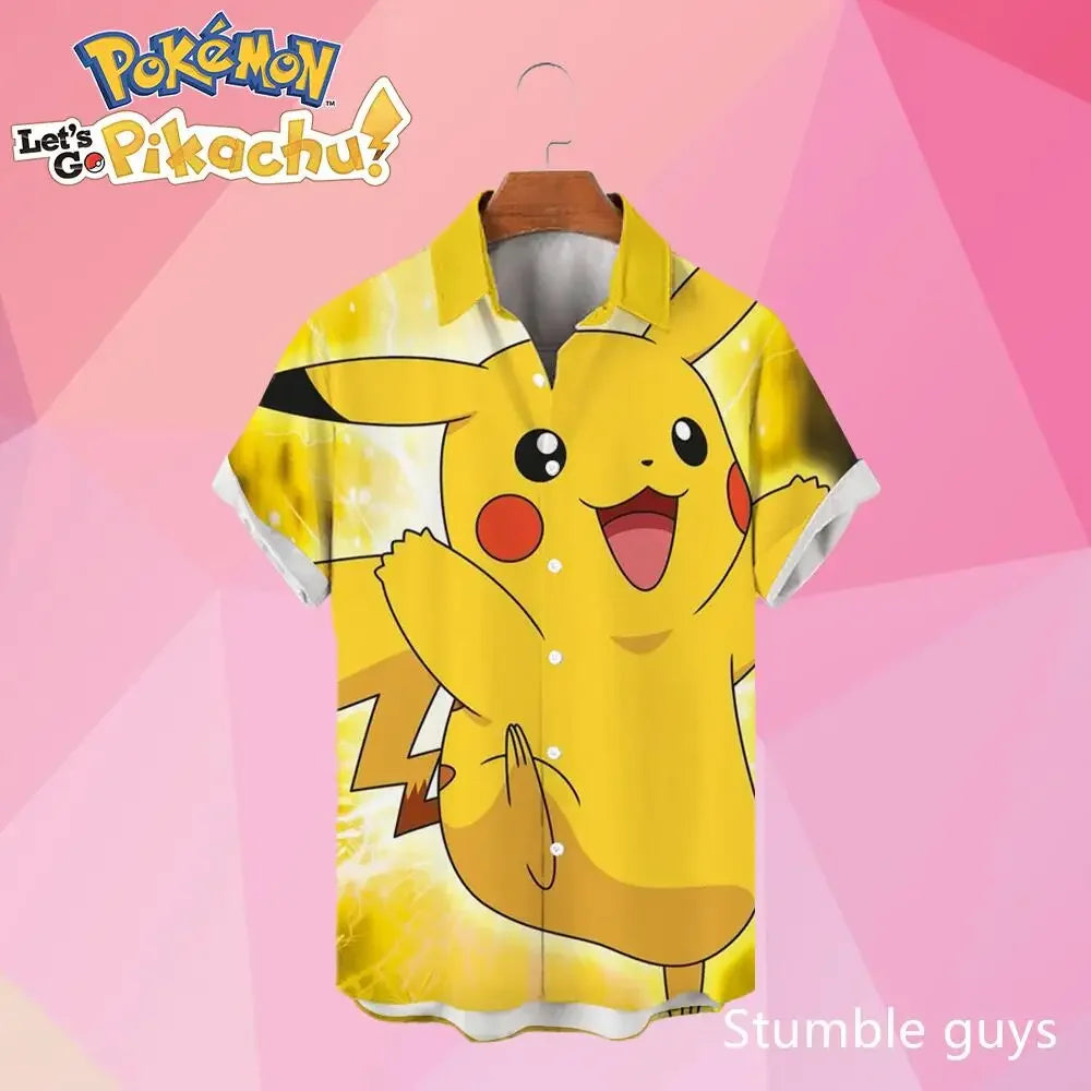 Pokemon Pikachu Hawaiian Men's Shirts 3D Printed Men's Summer Beach Oversize Anime Short-sleeved T-shirt