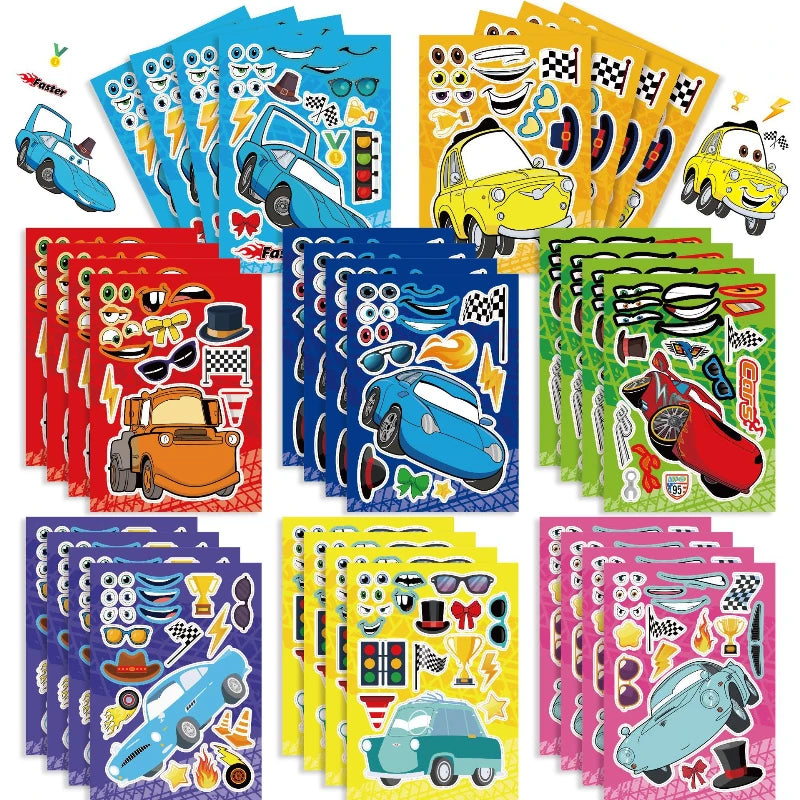 16Sheets Cars Lightning Mcqueen Make Your Own Face DIY Puzzle Stickers Party Favors Kids Toys Birthday Gifts