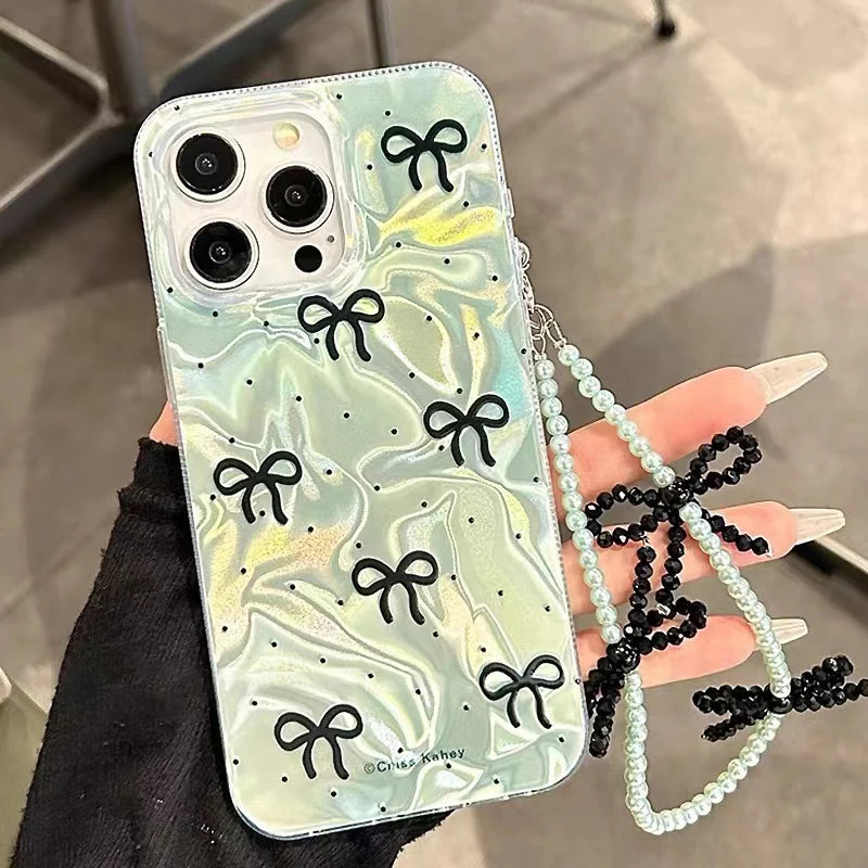 Bowknot Butterfly Pearl Polka Dot Case For iPhone 16 13 15 Pro 12 14 11 Pro Max 16E 7 8 Plus XS Max X XR SE 2020 Girl Cover