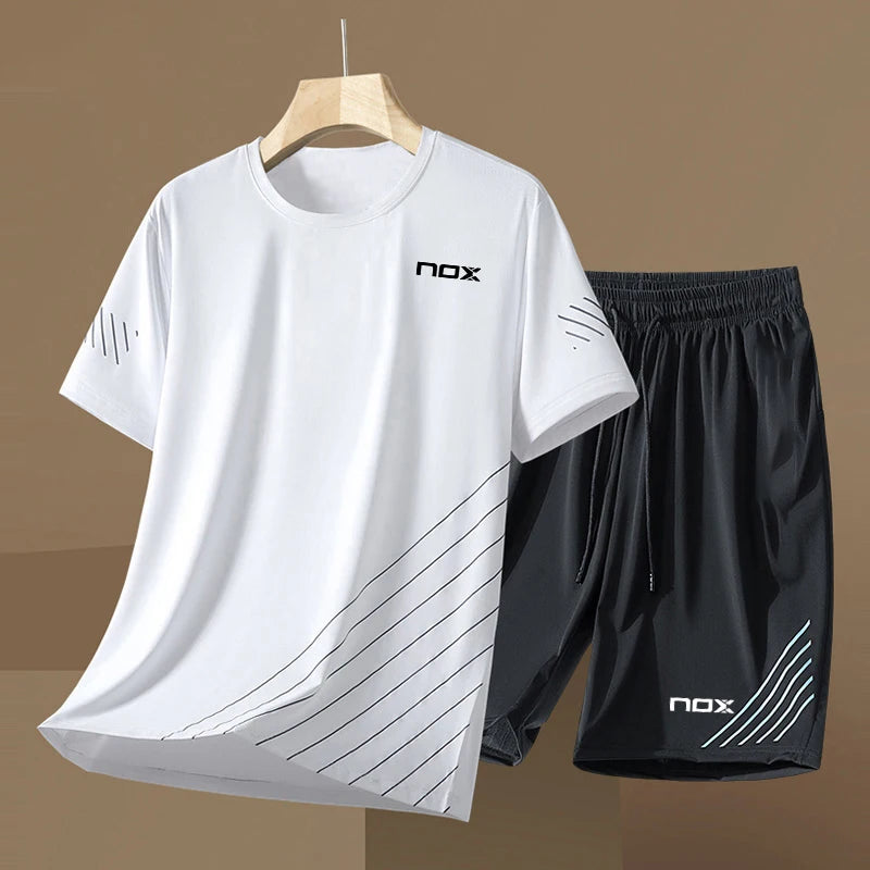 Men Short Sleeve T-Shirt +Shorts Two Piece Suit Outdoor Tennis Sportswear Fashion Breathable Fitness Clothing Summer Run Outfit
