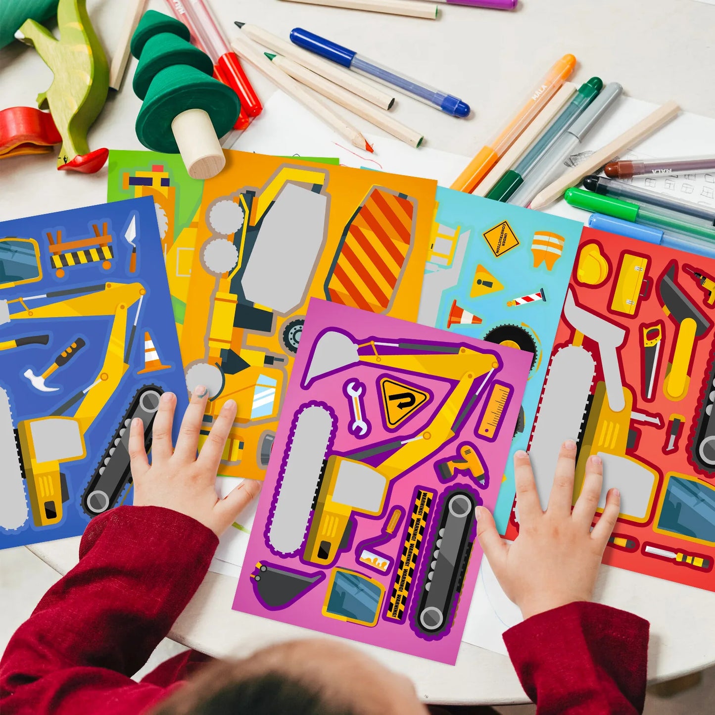 6Sheets Children DIY Puzzle Sticker Games 6 Engineering Truck Make A Face Funny Assemble Jigsaw Stickers Kids Educational Toys