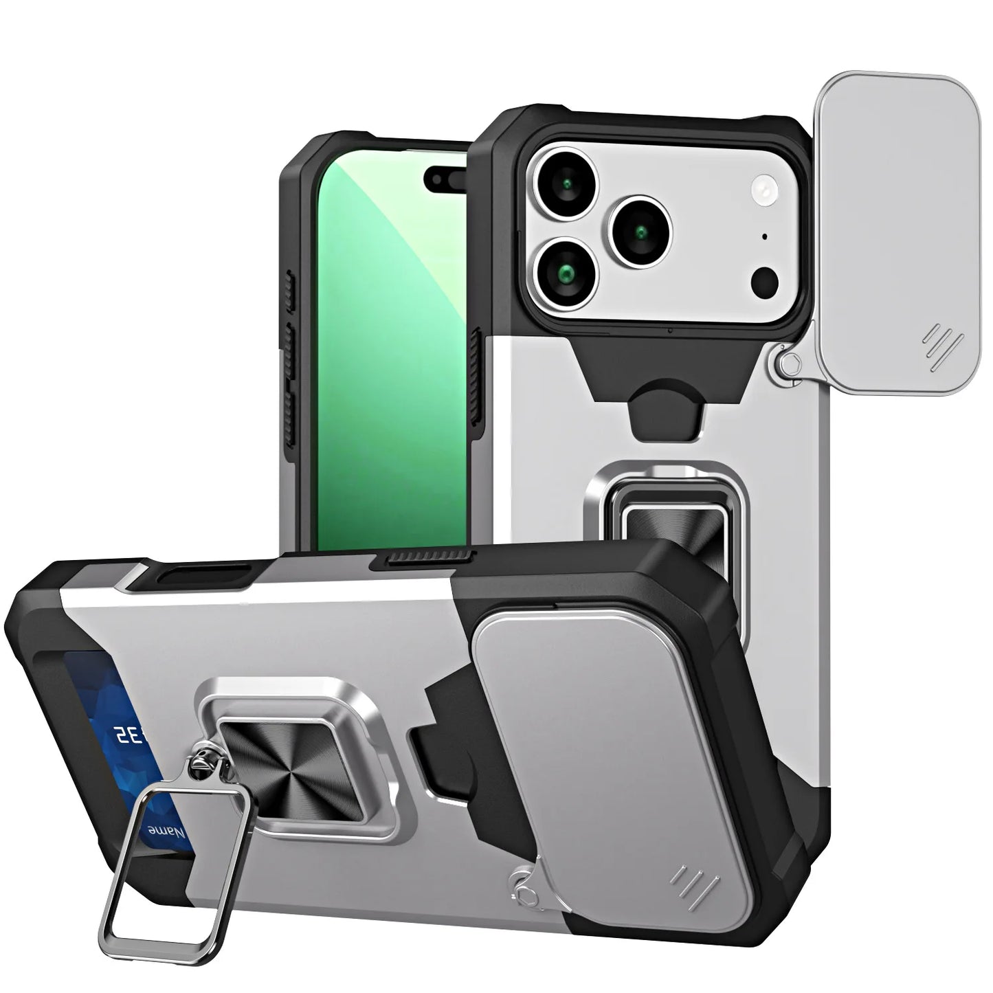 Case For iPhone 17 16 15 14 13 12 11 Pro Max XS Plus Slide Camera Card Holder Slot Duty Wallet Protective With Ring Stand Cover