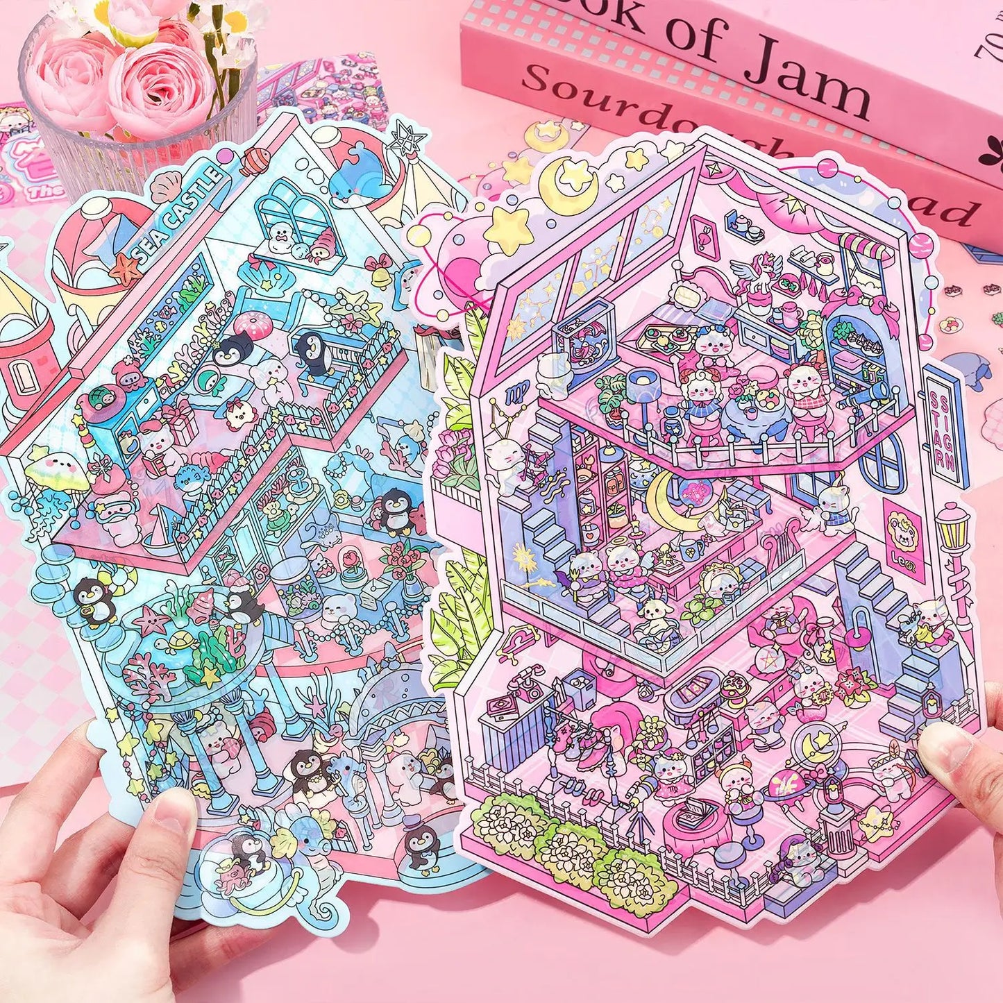 Plus Size 2.5D Cartoon Castle Town Landscape Sticker Scene DIY Toy Game Sticker Festival Birthday Gift for Kid Child Girl