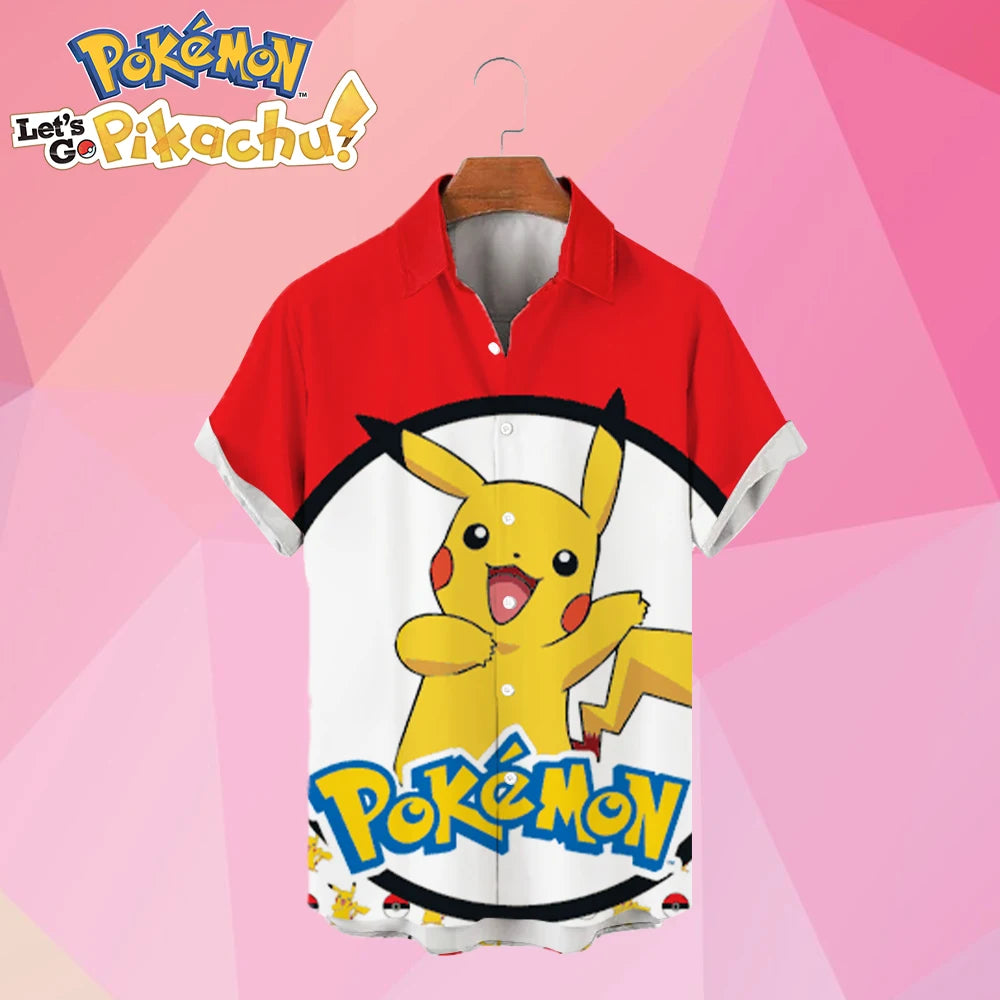 Pikachu Men's Shirt Short Sleeve Cute HD Printed Street Wear Hawaiian Casual 2024 Harajuku Children's Anime Cartoon